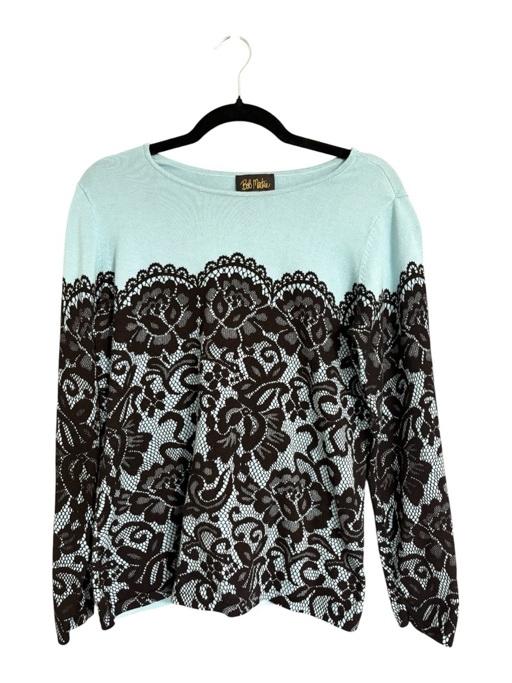Bob Mackie Wearable Art Blue Black Floral Lace Print Sweater Top M